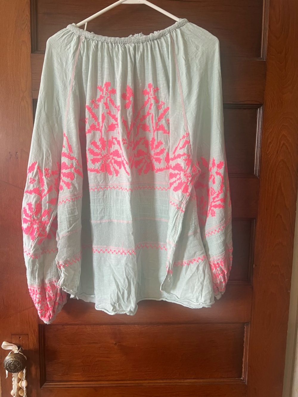 Free People Persuasion Mint Tunic Top with Neon Pink Floral Embroidery - Picture 2 of 4